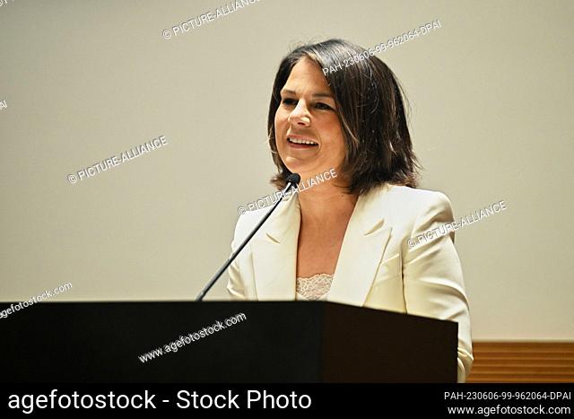 06 June 2023, Brazil, Brasilia: Annalena Baerbock (Bündnis 90/Die Grünen), Federal Minister of Foreign Affairs, speaks at the FGV (Fundacao Getulio Vargas)