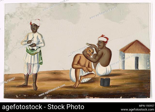 Barber shaving a man's head bald, one onlooker, white building in the background. Indian coloured drawings: a collection of 177 original paintings on ""talc
