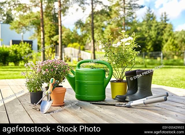 garden tools, flower seedlings and rubber boots