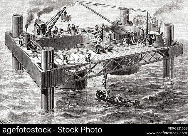 Construction of the Tay Rail Bridge spanning the Firth of Tay, Scotland. Old 19th century engraved illustration from La Nature 1885