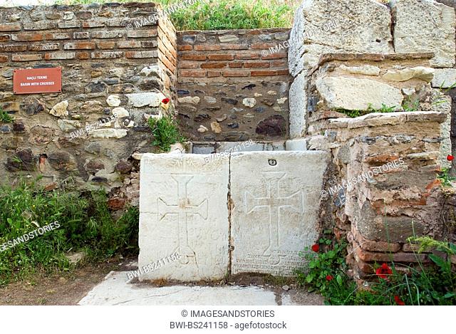 Basins with cross in a shop from Byzantine time, Sardes, Turkey, West Anatolia