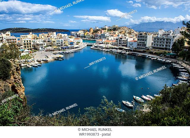 View over Lake Voulismeni, Agios Nikolaos, Crete, Greek Islands, Greece, Europe