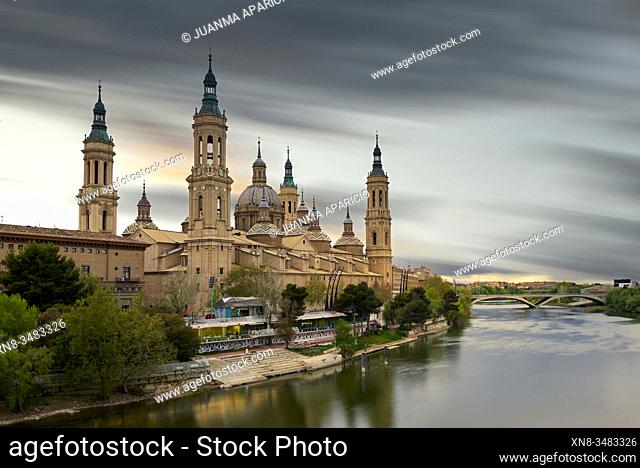 View of the Basilica of Our Lady of Pilar, at sunset in Zaragoza Aragon Spain