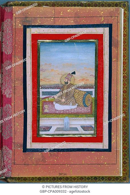 India: Portrait of a prince in Persian dress, holding a sword across his knees, seated on a purple carpet in a garden. Mughal, c. 1640