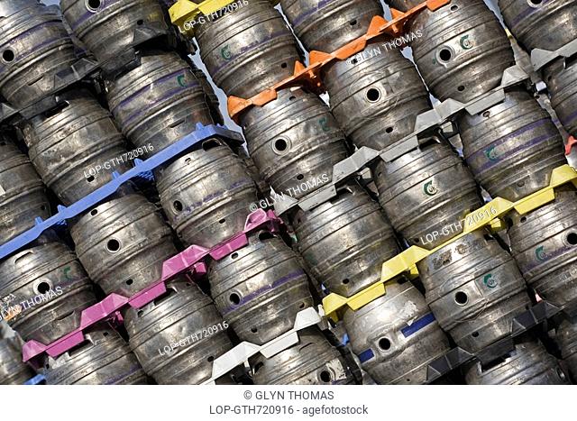 England, West Yorkshire, Leeds, Beer kegs stacked at the Carlsberg Tetley brewery in Leeds