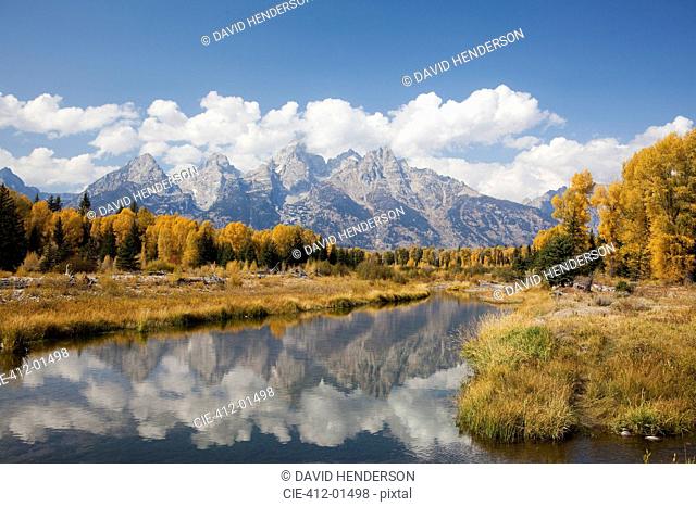 Mountains and landscape reflected in still river