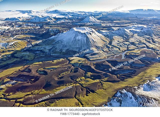 Aerial of Mountains, Emstrur Area  Iceland Region near Katla, a subglacial volcano under Myrdalsjokull Ice Cap  Icelandic volcanologists are expecting an...