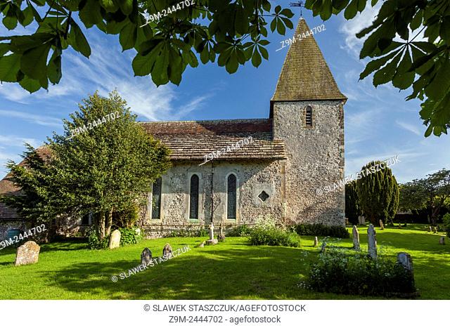 Spring afternoon at St Peter's church in the village of Rodmell, East Sussex, England. South Downs National Park. Ouse Valley