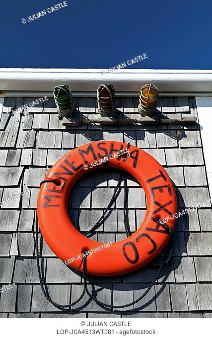 USA, Massachusetts, Martha's Vineyard. Detail of life buoy at Menemsha Harbour