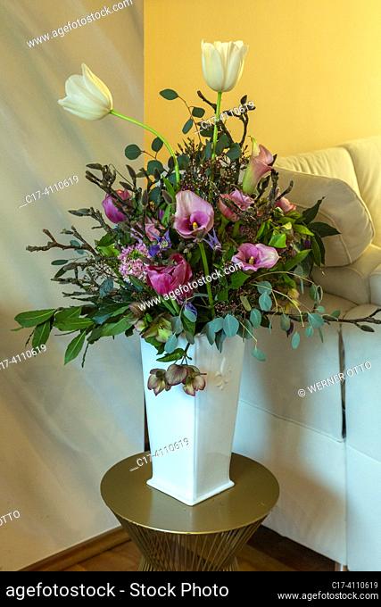 Oberhausen, Sterkrade, nature, plants, flowers, a bunch of flowers, birthday bouquet in a flower vase, tulips, clematis, roses, calla, lenten rose, Anemone