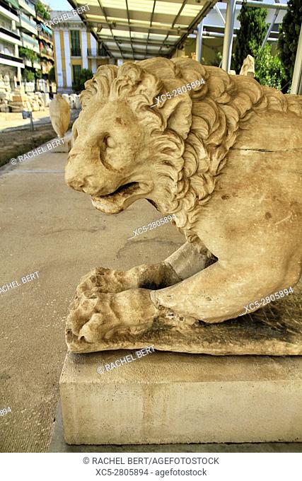 One of the two larger-than-life lions flanked the stele of Peithonikos in the funerary enclosure from the northern cemetery of Piraeus at Tambouria