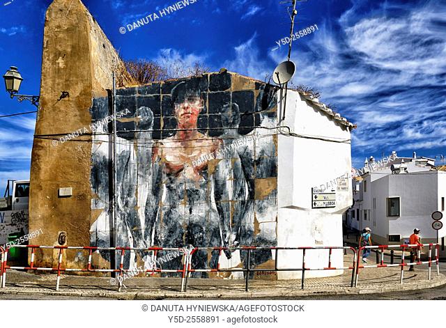 Europe, Portugal, Faro district, Lagos, historic fortified walls around old town, mural - gate San Sebastiao in city walls