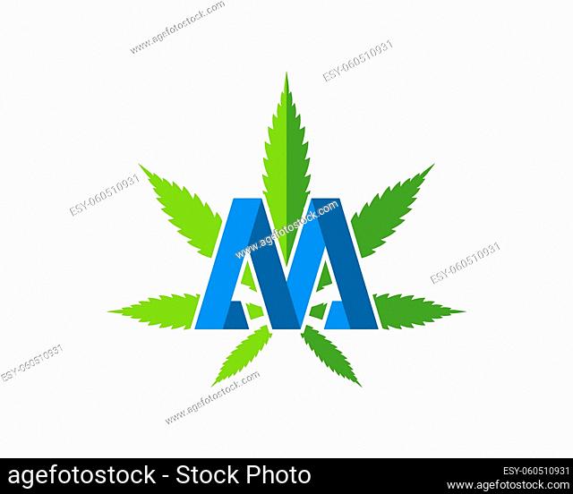 Green cannabis leaf with M letter initial inside