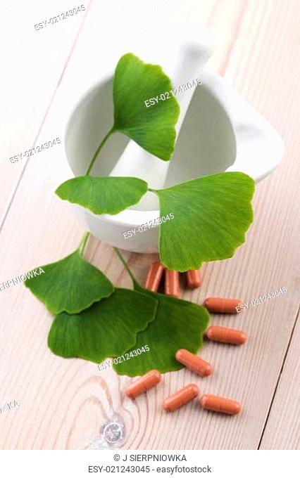 Ginkgo biloba leaves in mortar and pills