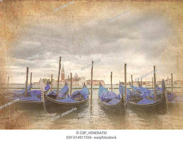 Retro grunge effect photo of Gondloas at Saint Mark's Square, San Marco Piazza Venice Italy under stormy sky