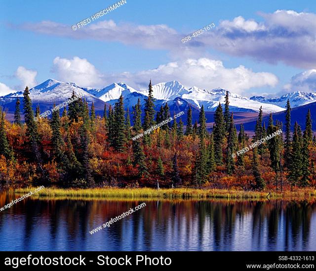 Autumn view of Rock Lake with the Wrangell Mountains to the southeast, Wrangell-St. Elias National Park and Preserve, Alaska