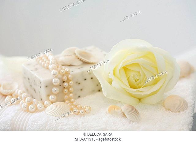 Soap with pearls, shells and a white rose Athena