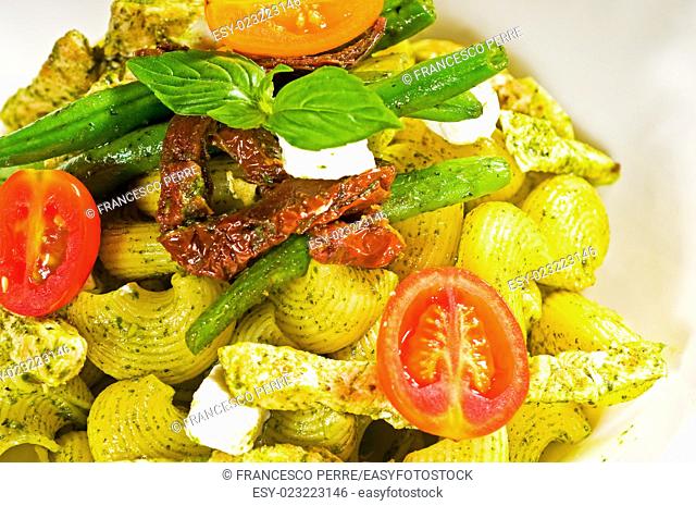 fresh lumaconi pasta and pesto sauce with vegetables and sundried tomatoes, tipycal italian food