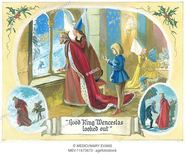 'Good King Wencelas looked out' - Main scene shows King looking out of a window at snow scene outside, with two smaller scenes inset illustrating the carol