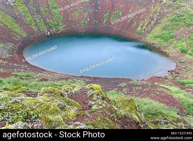 Kerid crater lake, part of the Golden Tour, Grimsnes volcanic field, Tjarnarholar, Reykjanes Langjokull area, Sudurland, Strait of Selfoss, Iceland