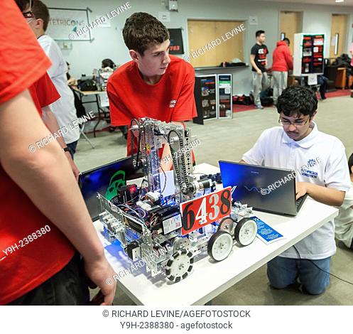Teenagers from Syosset Senior High School High School test their robot during a break at the FIRST Tech Challenge Regional Championship held at NYU-Polytechnic...