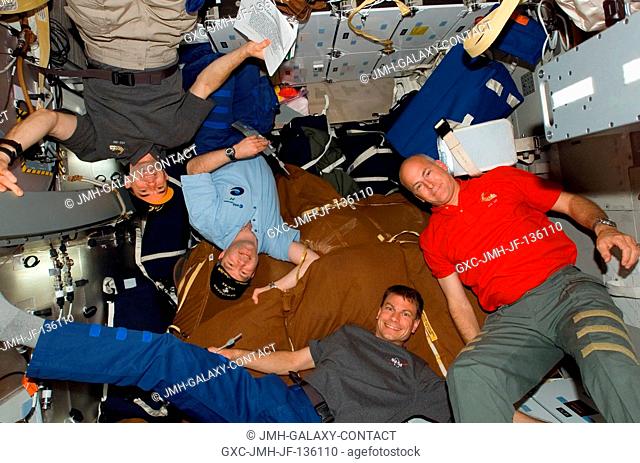 Astronauts Rex Walheim (left), STS-122 mission specialist; Steve Frick, commander; Stanley Love, mission specialist; and Alan Poindexter, pilot