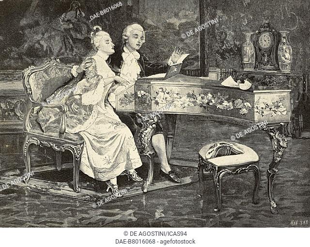 A Little Duet, a couple singing and playing the piano, engraving from a painting by Fabio Cipolla (1852 - 1935) from L'Illustrazione Italiana, year 21, no 51