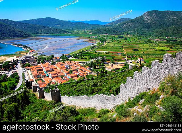 View pof Ston town and its defensive walls, Peljesac Peninsula, Croatia. Ston was a major fort of the Ragusan Republic