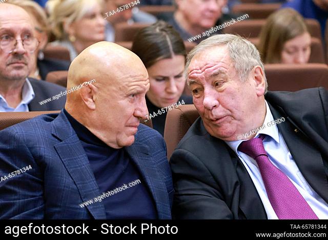 RUSSIA, MOSCOW - DECEMBER 15, 2023: Russian Wrestling Federation head Mikhail Mamiashvili (L) and Russian Tennis Federation head Shamil Tarpishchev attend an...