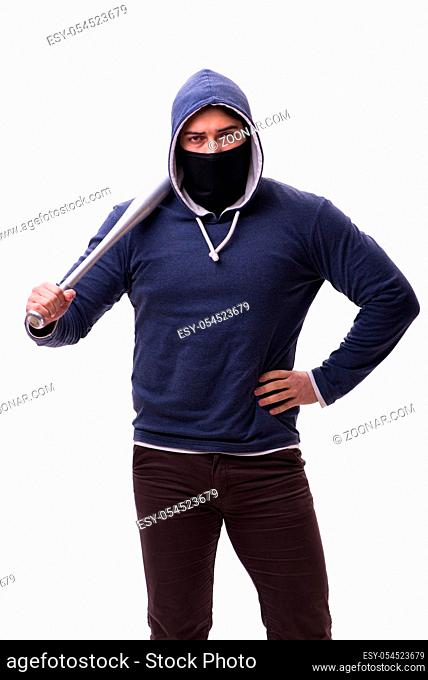 Young man hooligan with baseball bat isolated on white