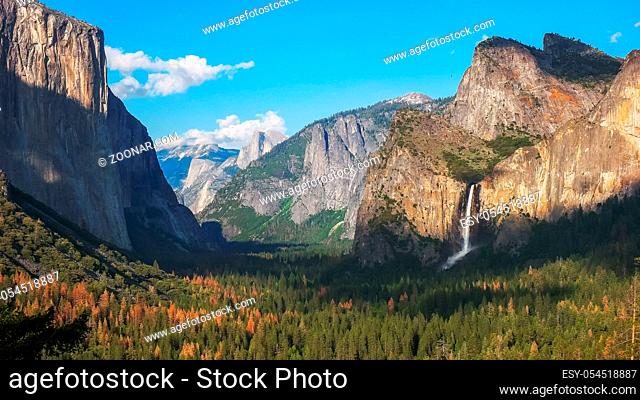 the iconic view of half dome and bridalveil falls in yosemite national park from tunnel view