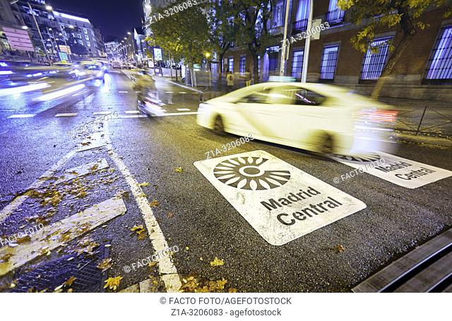 Madrid Central low-emissions zone sign at Plaza de las Cortes street. The antipollution measure introduces new restrictions on traffic in the heart of the...