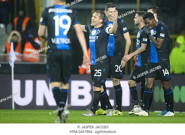 Club's players and Club's Ruud Vormer celebrate after scoring during a soccer match between Club Brugge and SV Essevee Zulte-Waregem