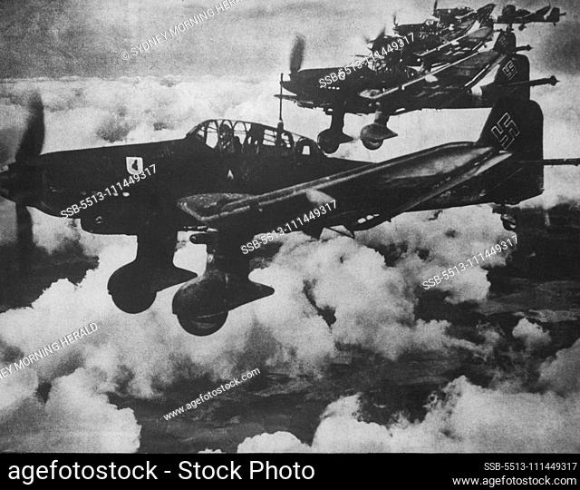 Stukas In Flight....A flight of Stuka dive bombers returning from a bombing raid. According to the caption on this enemy picture just received in London from a...