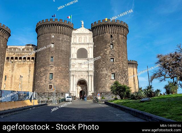 Iconic mediaeval fortress Castel Nuovo in downtown Naples, Southern Italy