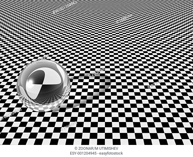 Clear glass ball on checkerboard background. High resolution 3D render image