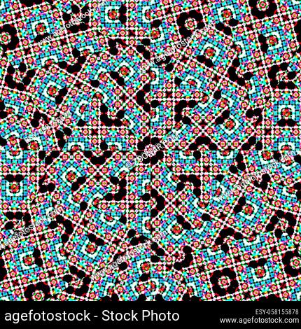Digital collage technique islamic stlye art ornate seamless pattern design in mixed colors against black