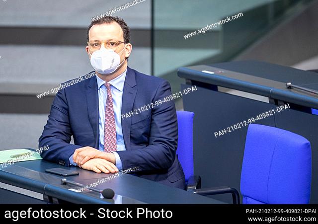 12 February 2021, Berlin: Health Minister Jens Spahn (CDU) sits in the plenary session of the German Bundestag. The main topics of the 210th session of the 19th...