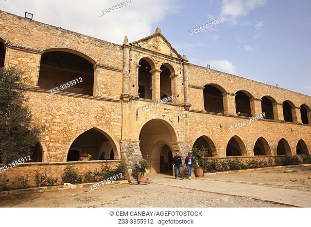 Tourists at the entrance of the Arkadi Monastery, Rethymno Province, Crete, Greek Islands, Greece, Europe