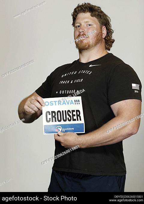 Ryan Crouser (USA) poses with the starting bib of the Golden Spike Ostrava 2023 meeting prior to the 63rd edition of the annual athletics event