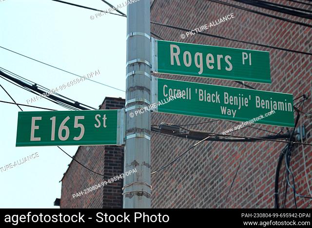 PRODUCTION - 02 June 2023, USA, New York: A stretch of street in New York's Bronx after being renamed ""Cornell 'Black Benjie' Benjamin Way