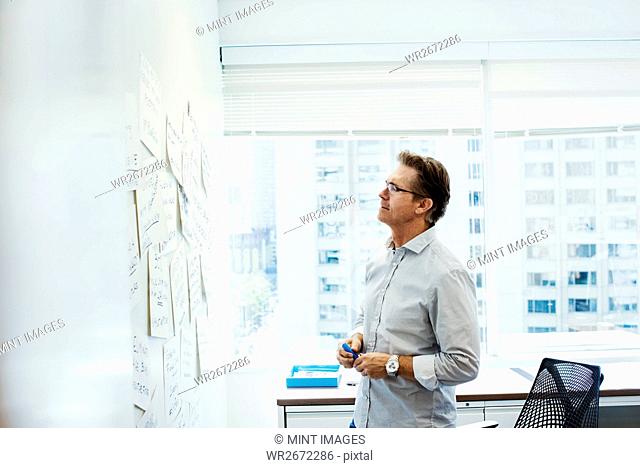 A man standing in an office looking at pieces of paper pinned on a whiteboard