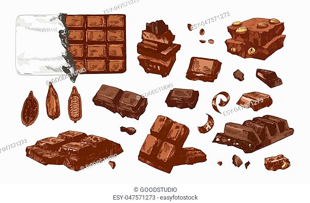 Bundle of colored drawings of whole and broken into pieces chocolate bars and cocoa beans. Tasty sweet dessert or confection hand drawn on white background