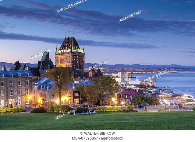Canada, Quebec, Quebec City, elevated skyline with Chateau Frontenac Hotel, dusk