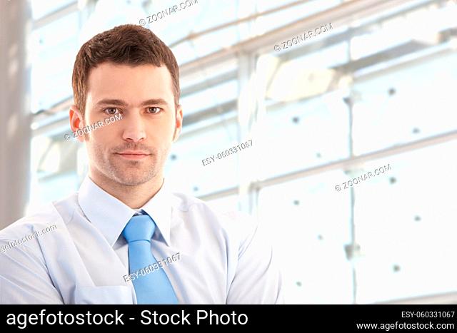 Portrait of handsome young businessman smiling front of window