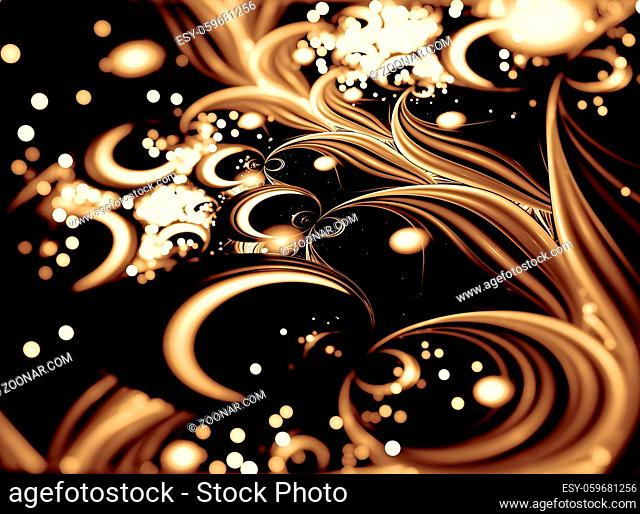 Blurred pale background - abstract computer-generated image. Fractal art: circles and curls like gem with bright round bokeh