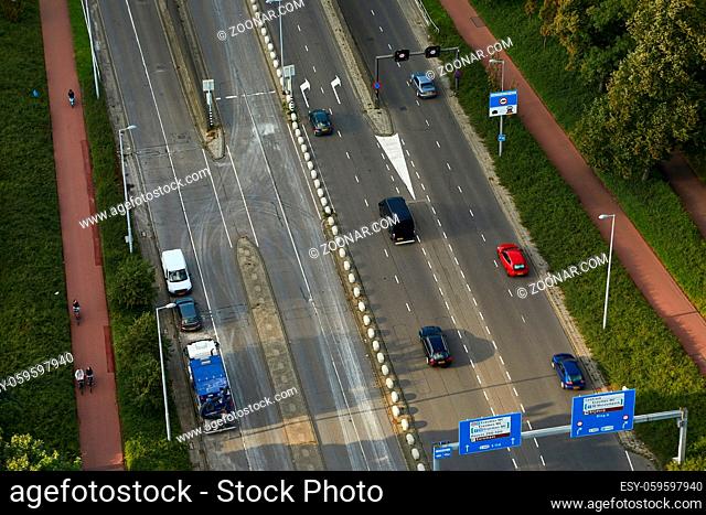Road viewed from above with urban traffic