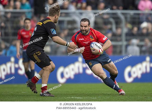 Fernando Martin Lopez Perez (Spain, 16) and Jacobus Otto (Germany, 6) in action during the European Rugby Championship Division 1A match between Germany and...