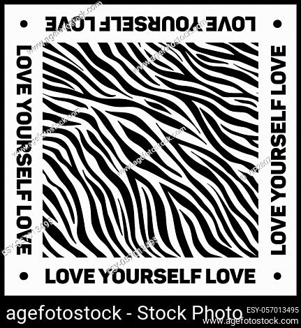 Design for a square shawl or headscarf. Zebra print with slogan Love yourself on white background. Bandana print or fabric neck scarf