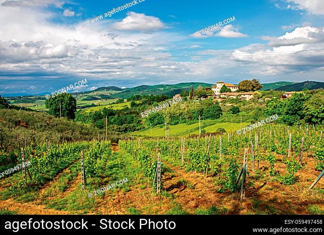 View of vineyards and hills with villa at the top in the Tuscan countryside, an unbelievable and traditional region in the center of the Italian Peninsula